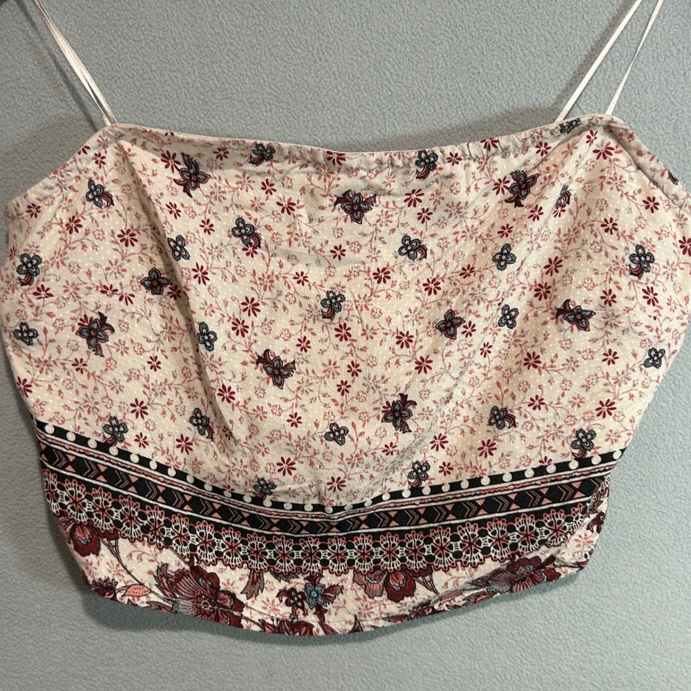 Paper Crane strapless Top Women Large Cream Floral Smocked Back Boho Cottagecore